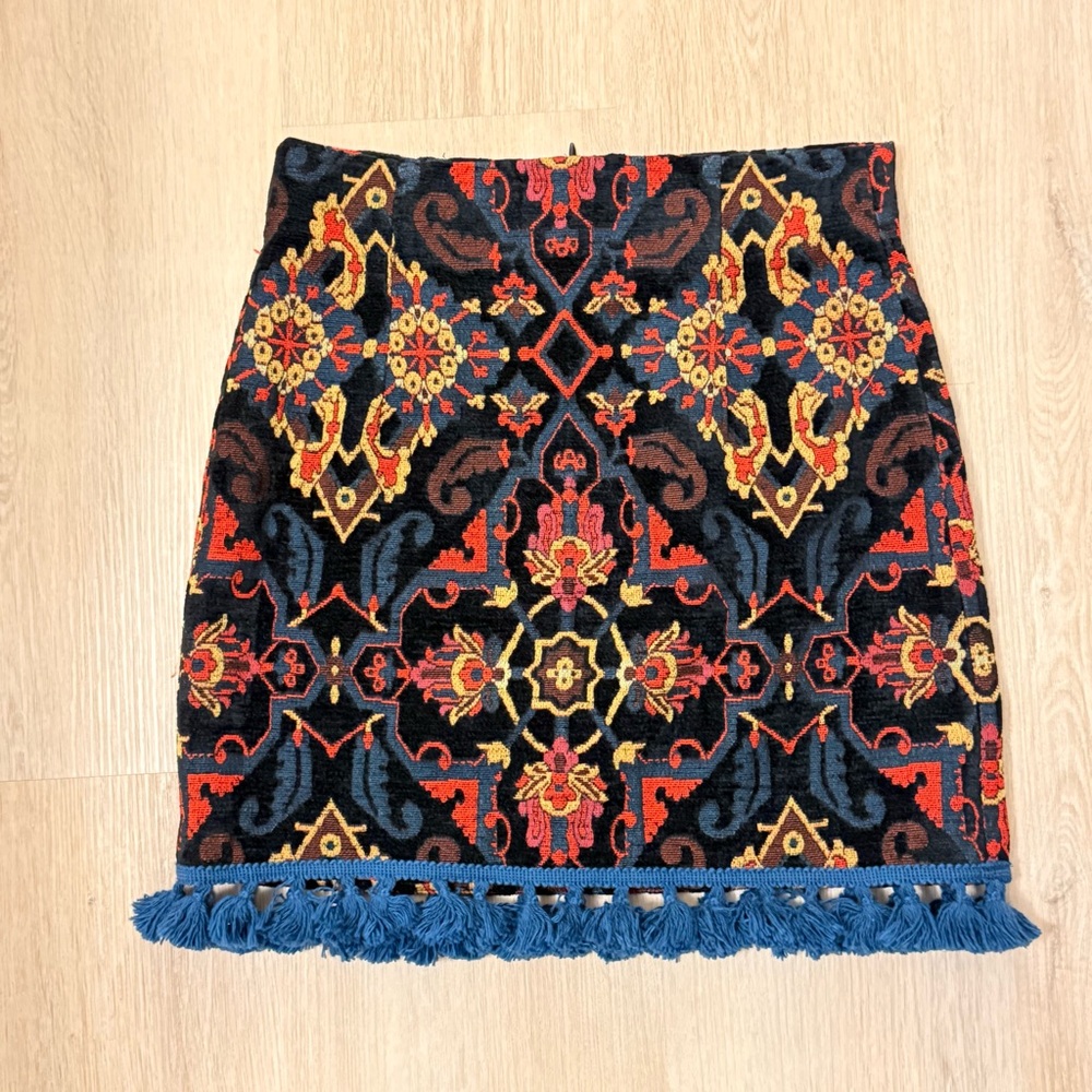 Zara Bohemian Multicolor Jacquard Tapestry Mini Skirt with Blue Tassels